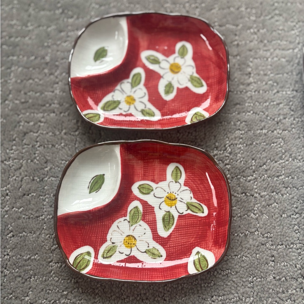 Lot of 2 Japanese Floral Porcelain Sushi Plate 2 Slots w/ Soy Sauce Compartment